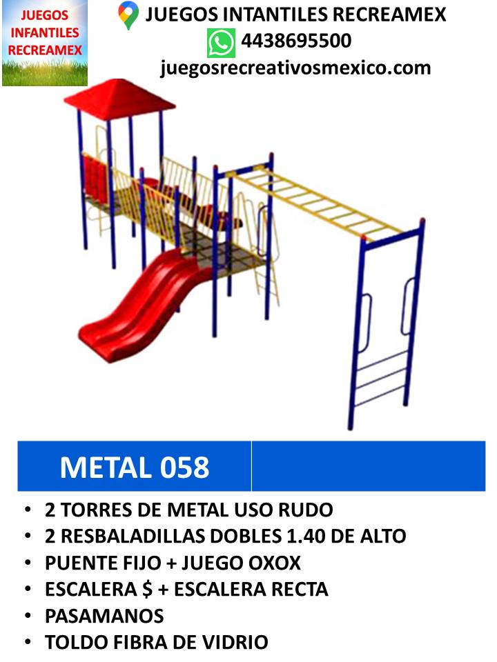 modulo de metal con resbaladillas, puente, volante, juegoo xoxo